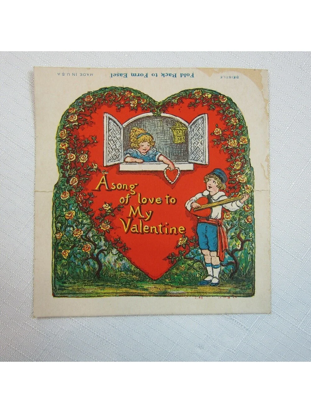 Vintage Valentine 1930 Beistle Stand Up Card Boy Plays Mandolin Girl Window USA